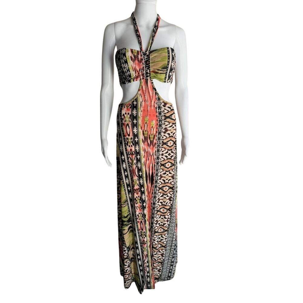 Vintage Dots Cutout Halter Maxi Dress S Abstract Print Stretch Y2K
